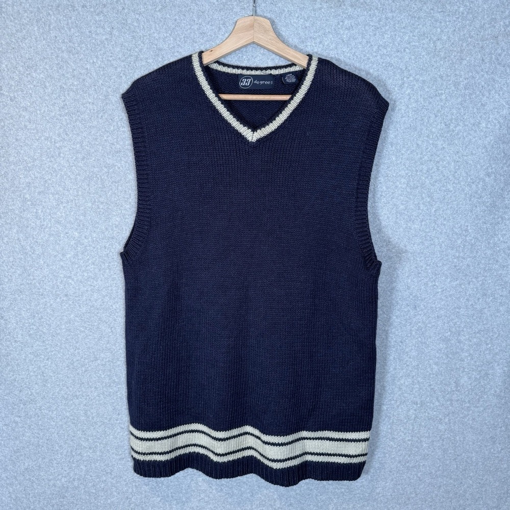 Vintage Sweater Vest Mens Large V Neck Navy Blue Knit Pullover 33 Degrees